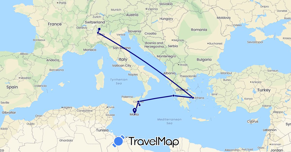 TravelMap itinerary: driving in Switzerland, Greece, Italy, Malta (Europe)